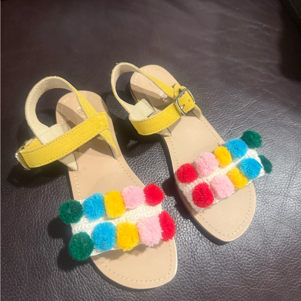 Mini Boden Yellow Sandals with Multicolored Pom-Poms
